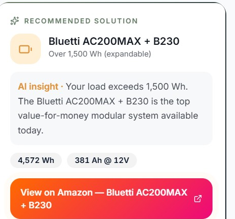 VoltOffGrid app — recommended power station based on your calculated energy needs