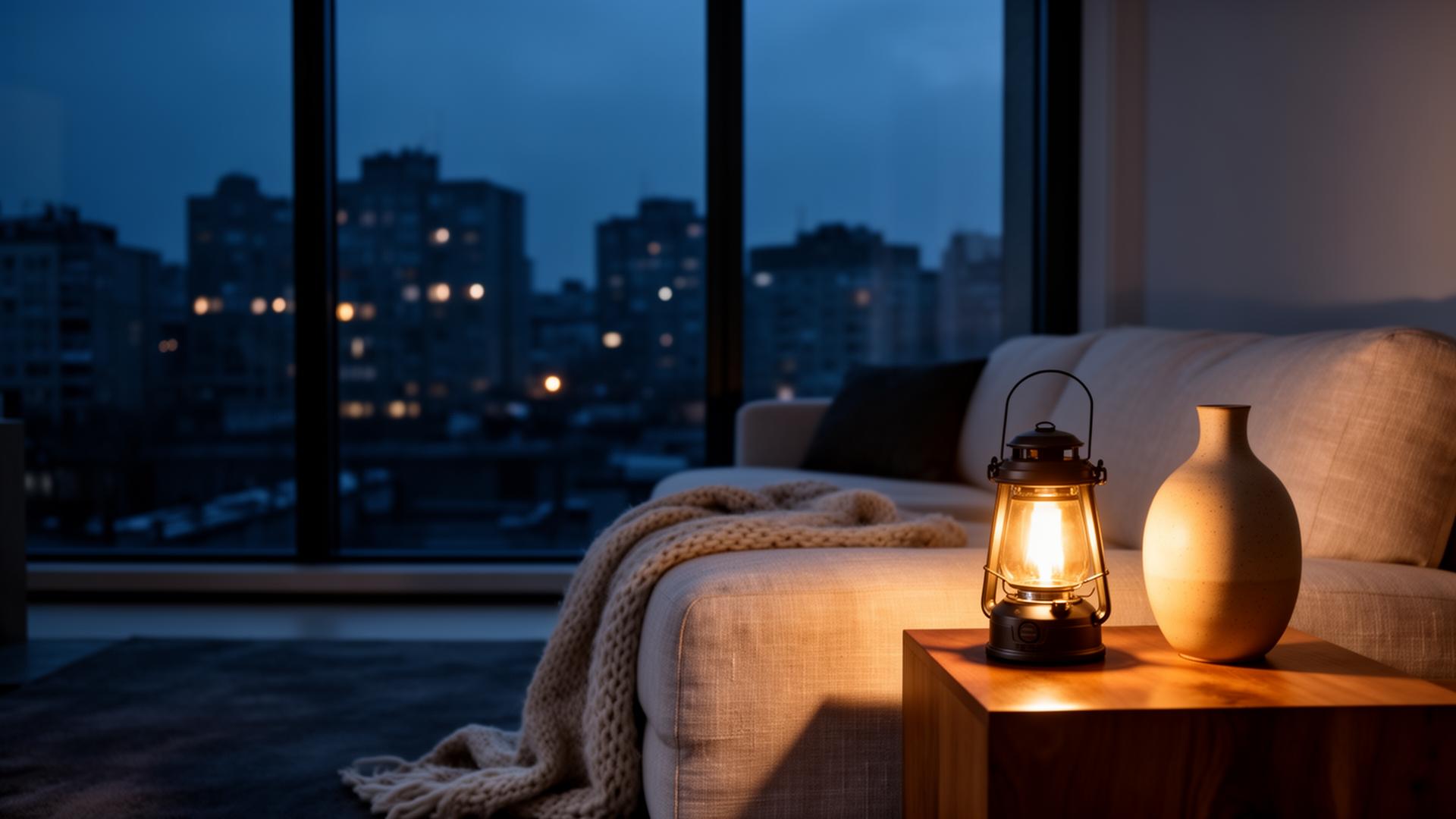 Modern apartment lit by a lantern during an urban blackout